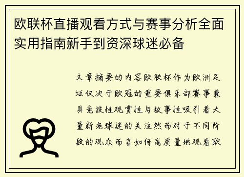 欧联杯直播观看方式与赛事分析全面实用指南新手到资深球迷必备 欧联杯直播观看方式与赛事分析全面实用指南新手到资深球迷必备