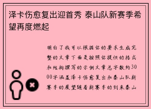 泽卡伤愈复出迎首秀 泰山队新赛季希望再度燃起