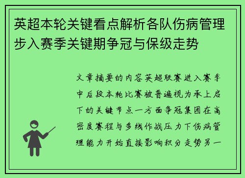 英超本轮关键看点解析各队伤病管理步入赛季关键期争冠与保级走势